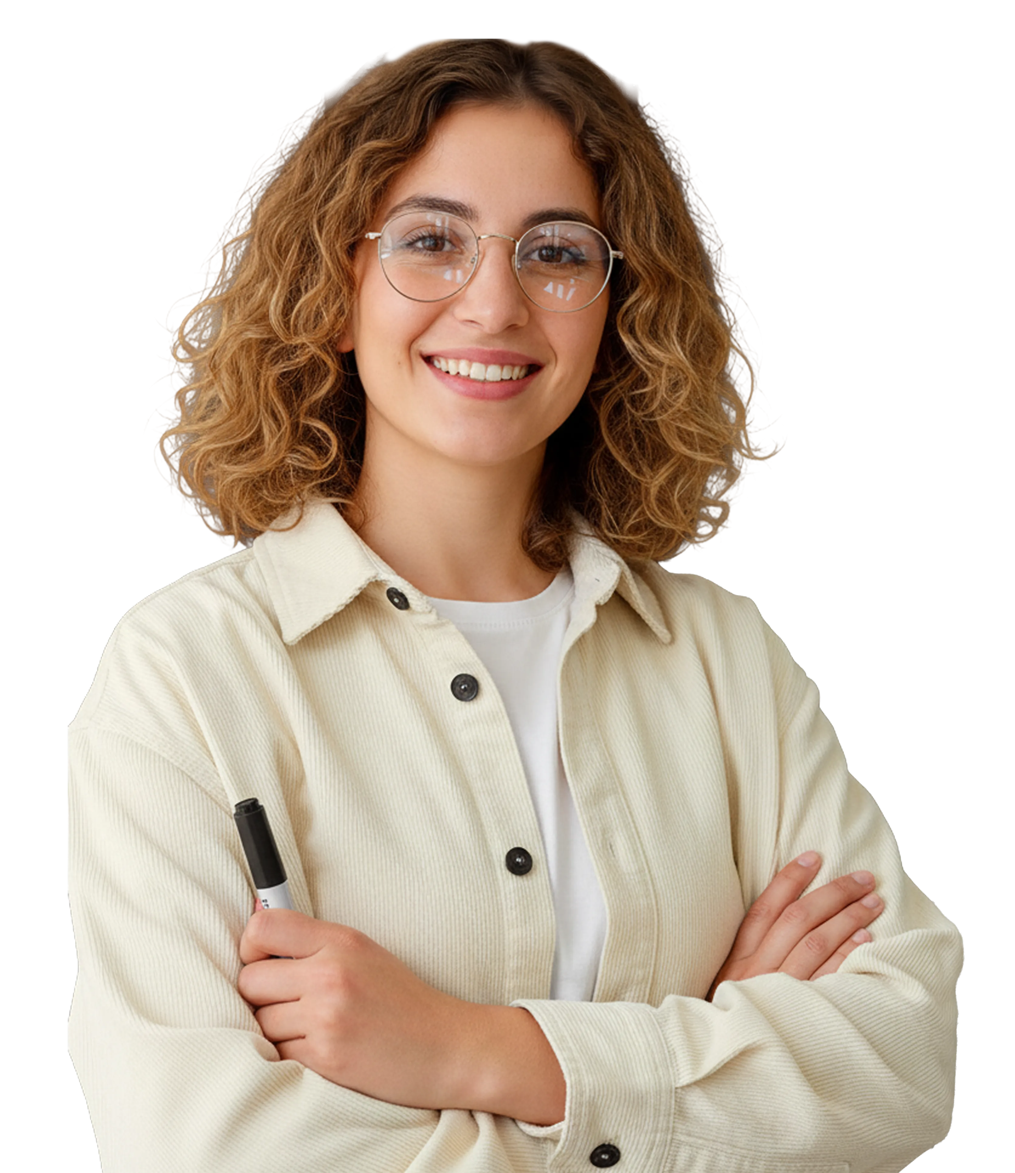 Ilustração de uma professora sorrindo segurando caneta representando o Professor Inspirador